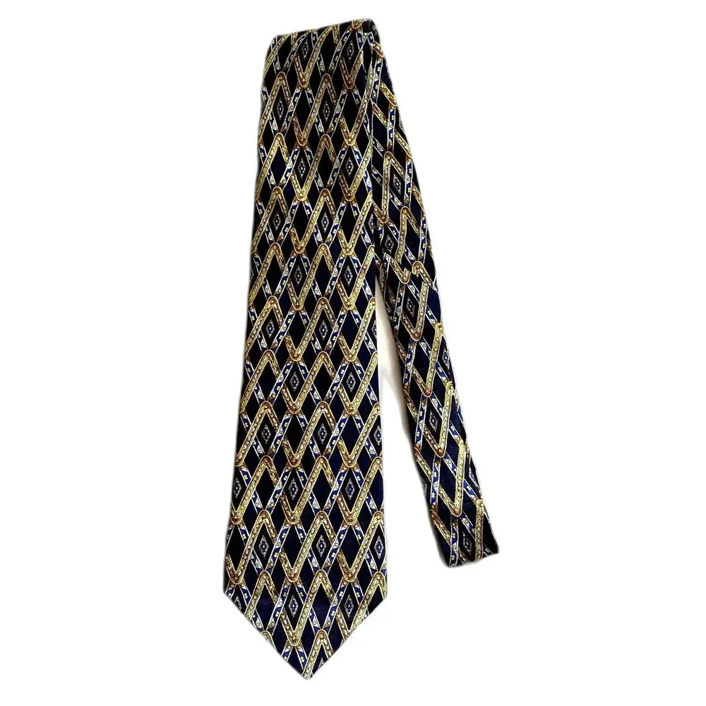 Adolfo 100% Silk‎ Tie Blue Gold Zig Zag Print Men's Necktie